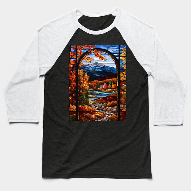 Stained Glass Window Of Autumn Scene Baseball T-Shirt by Chance Two Designs